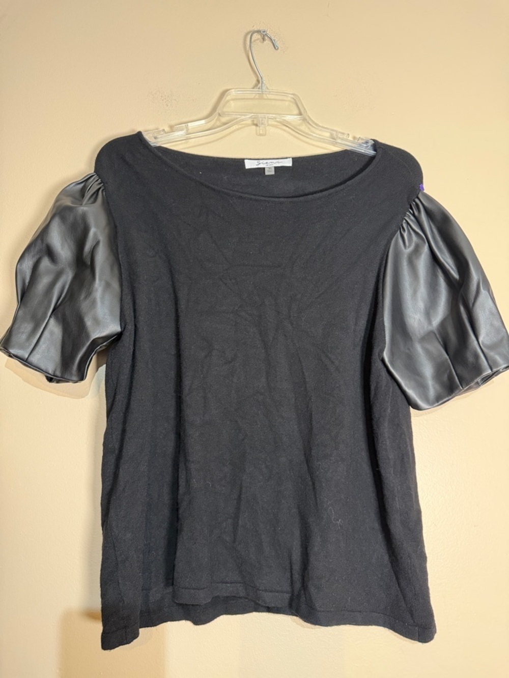 Sioni Black Knit Top with Faux Leather Puff Short Sleeves